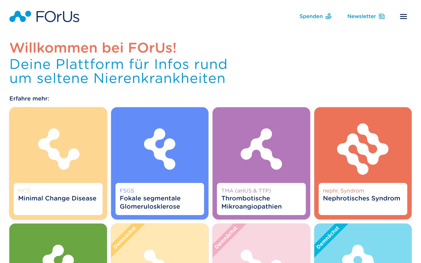 Startseite von forus.info mit Kacheln zu seltenen Nierenerkrankungen wie Minimal Change Disease und FSGS